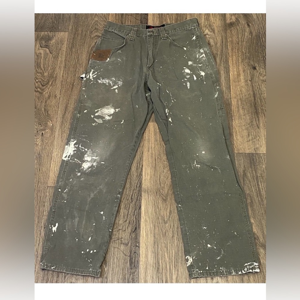Mens wrangler olive green paint splattered workwear pants Sz 32 vintage